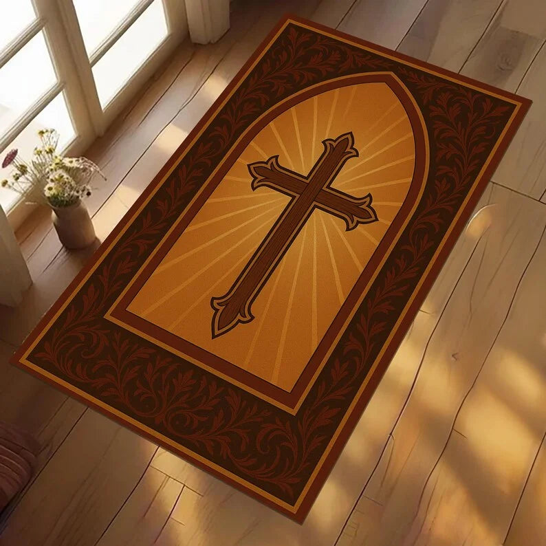 Vintage Cross Prayer Rug – Non-Slip Christian Home Décor Mat