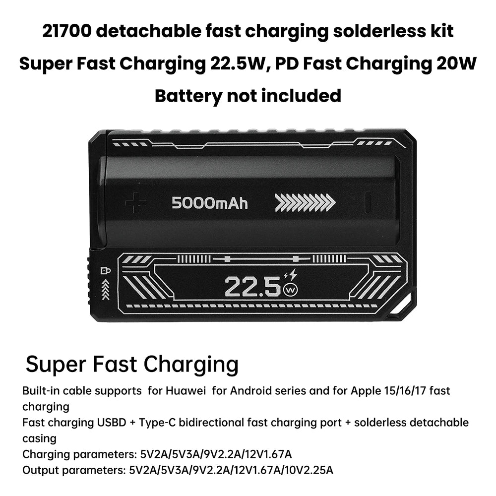 21700 DIY Power Bank Case PD 20W – Solderless Built-in Cable