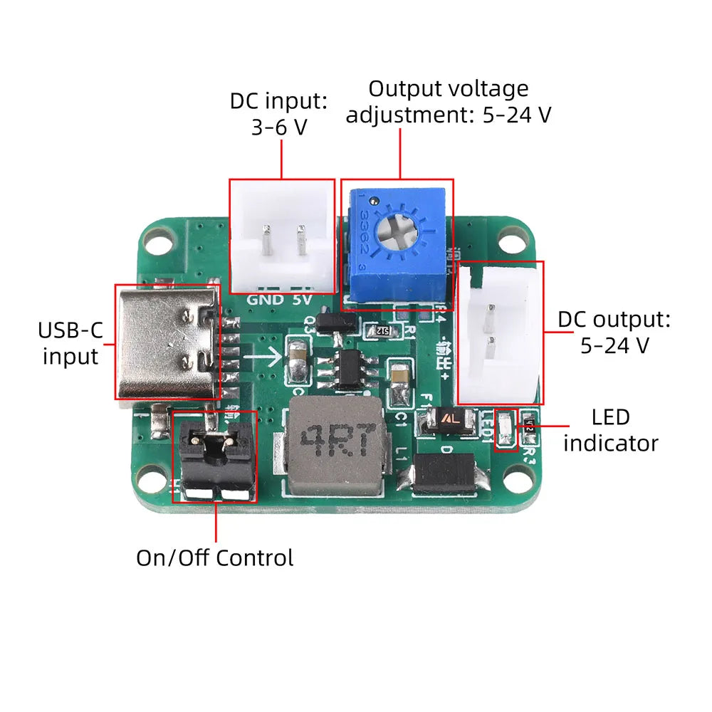 Mini Adjustable DC Step-Up Boost Module 3–6V to 5–24V Output