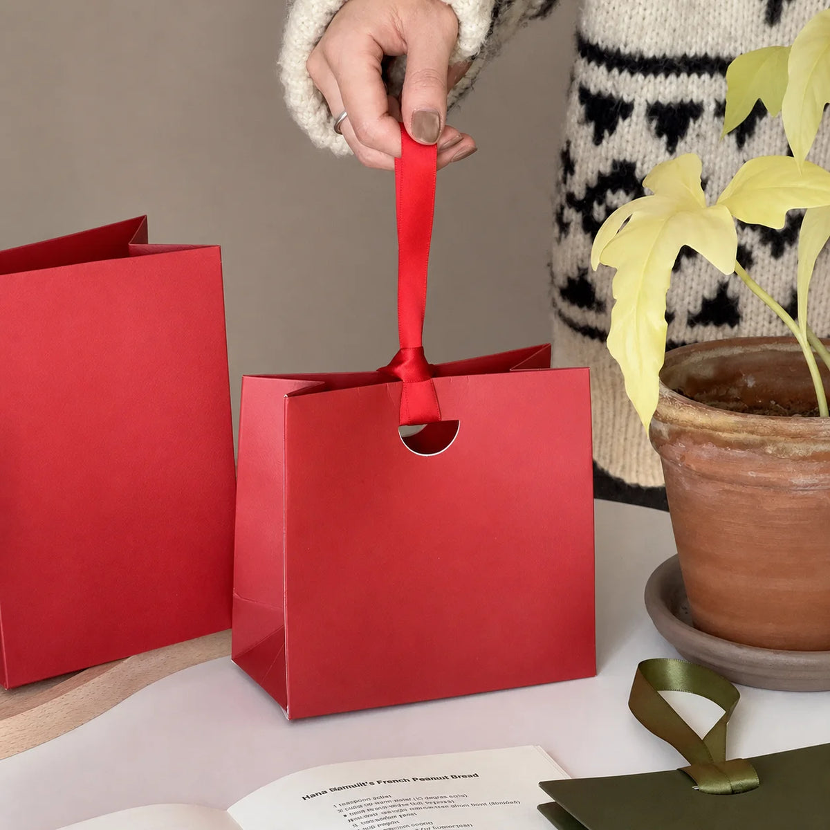 Solid Color Paper Gift Bag with Satin Ribbon Handle