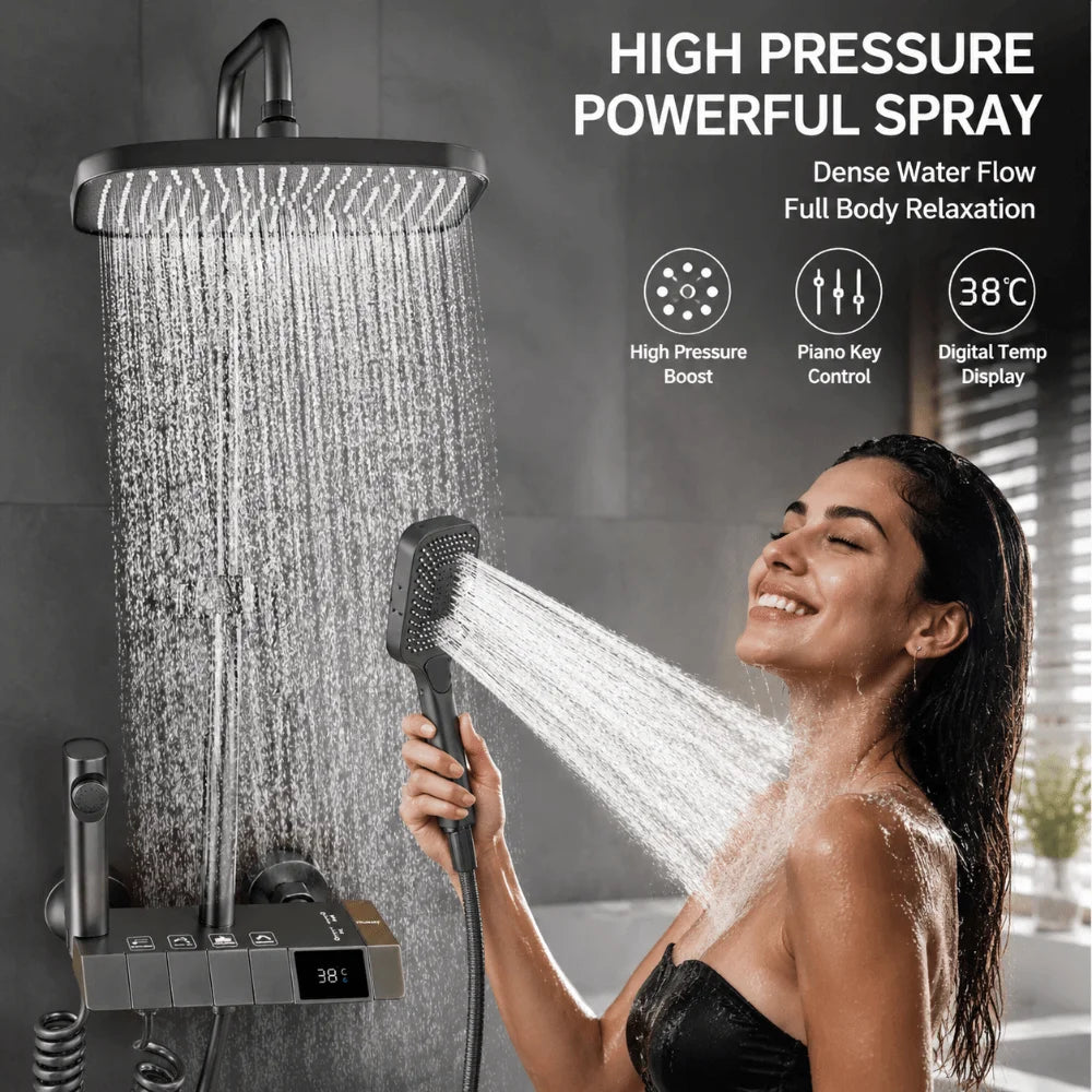 Grey Digital Rainfall Shower System | Temperature Display Set
