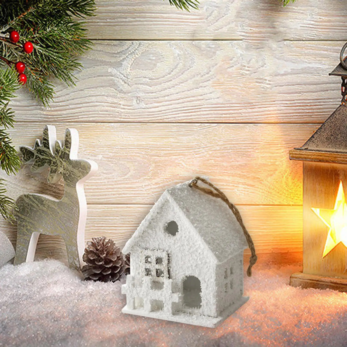 Wooden Snow House Christmas Ornament – Holiday Tree Pendant