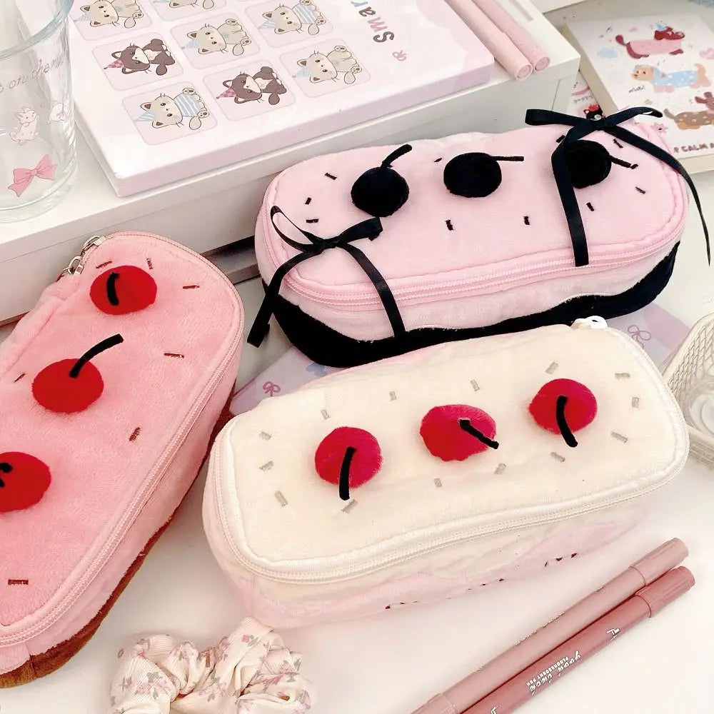 Cherry Cake Plush Pencil Case – Large Capacity Stationery Bag