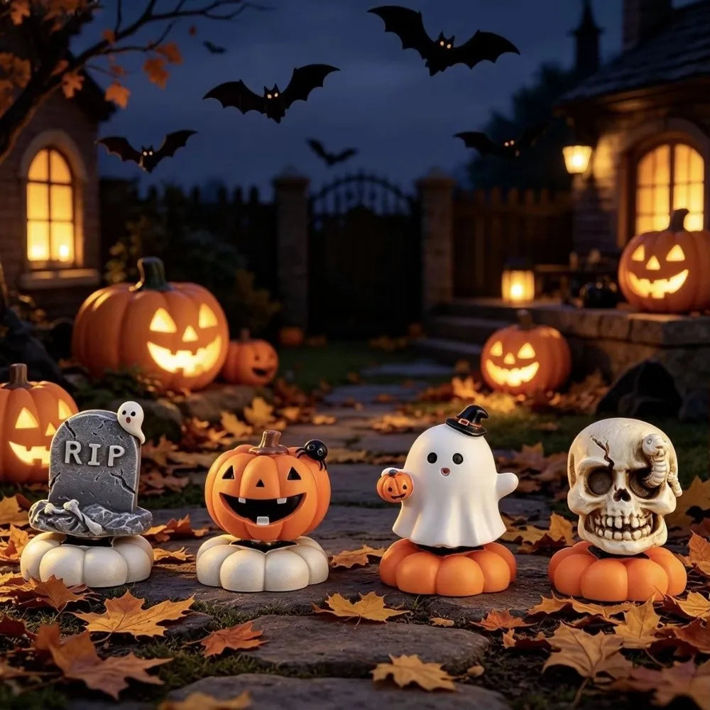 Resin Halloween Ghost Figurine | Mini Pumpkin & Skull Decor