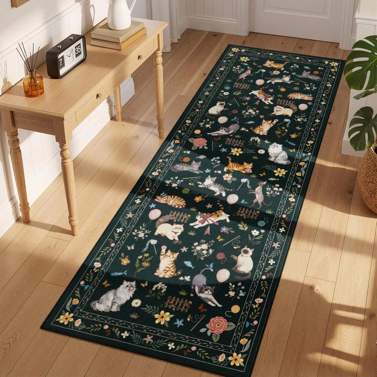 Vintage Botanical Cat Runner Rug – Non-Slip Floral Floor Mat