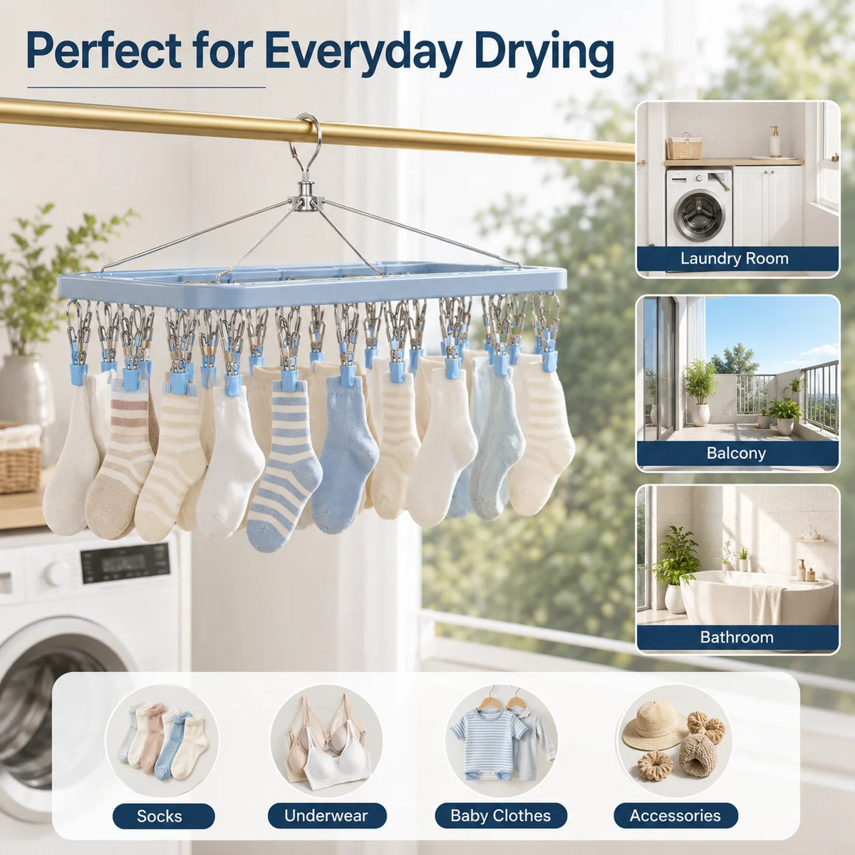 Stainless Steel Multi-Clip Sock Hanger – Windproof Laundry