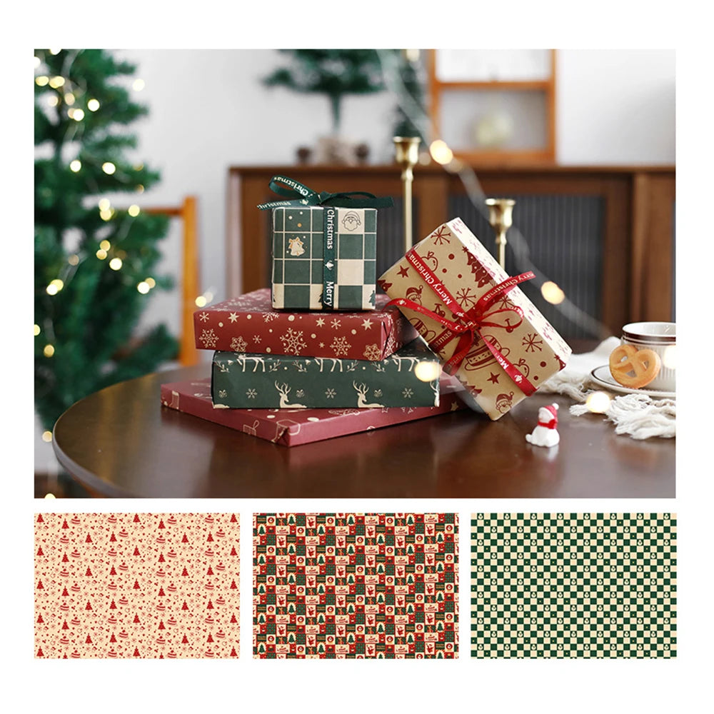 6-Sheet Christmas Kraft Wrapping Paper – Elk, Santa & Snowman