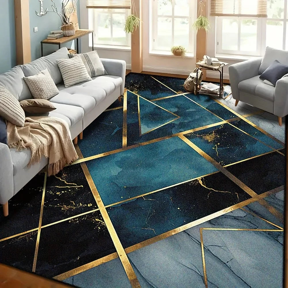 Modern Teal & Gold Geometric Area Rug – Non-Slip Washable