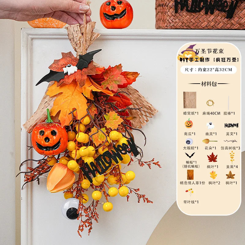 Halloween Pumpkin Bouquet Door Hanger – Handmade Autumn Swag