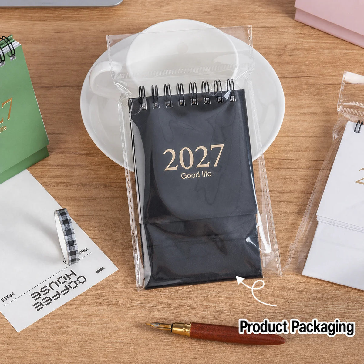 Mini Desktop Calendar 2027–2028 | Foil Stamped Morandi Planner