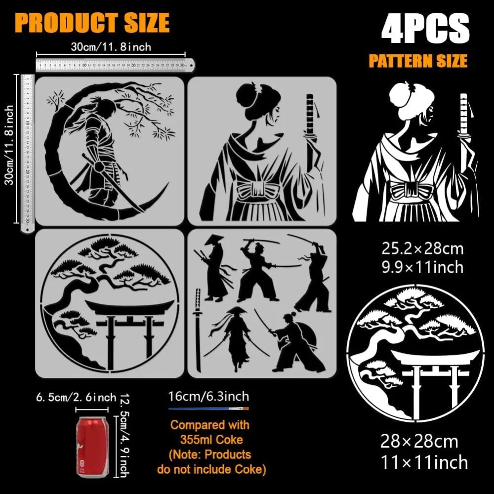 4-Piece Oriental Samurai Painting Stencil Set with Brush 11.8"