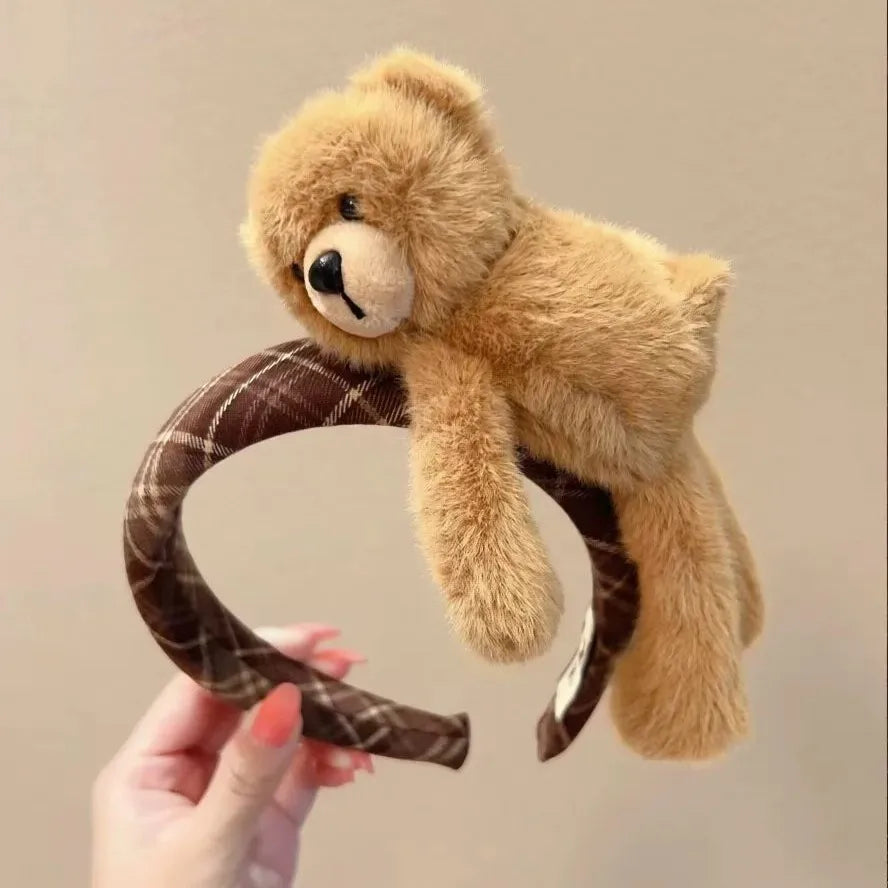 Plush Teddy Bear Plaid Headband for Women – Padded Hair Hoop