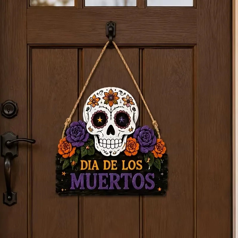 Halloween Wooden Door Sign – Black Cat Pumpkin Skull Plaque