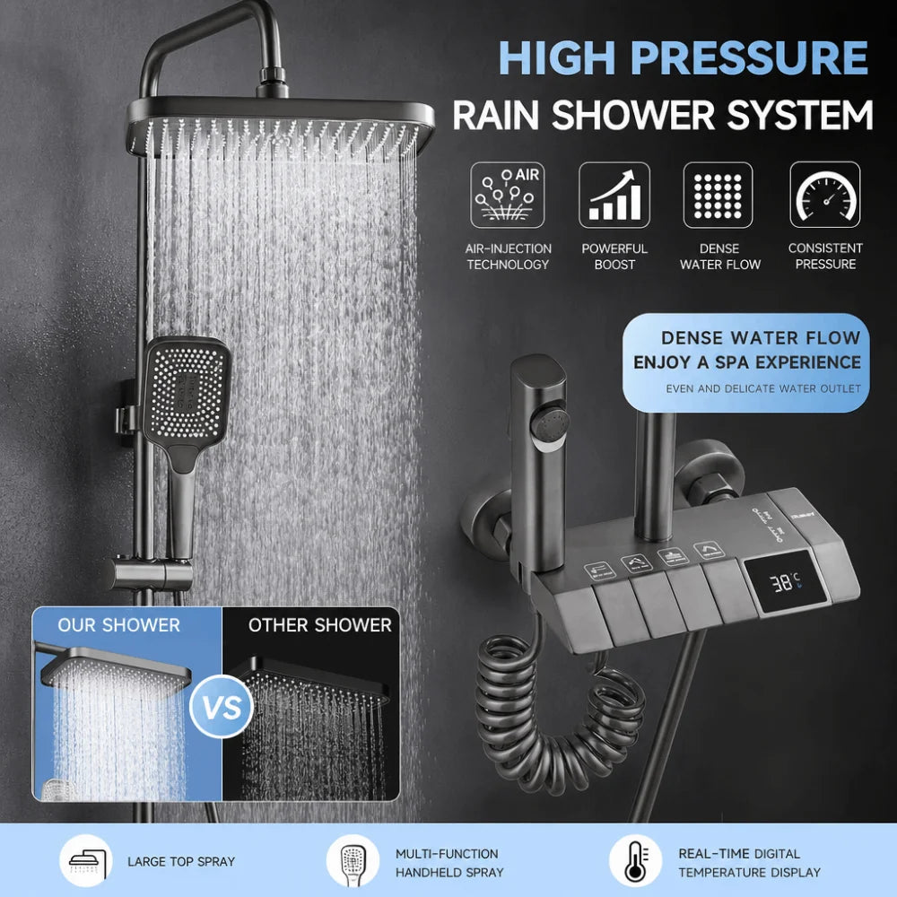 Grey Digital Rainfall Shower System | Temperature Display Set