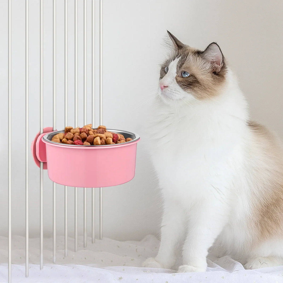 Stainless Steel Cage Hanging Pet Bowl – Anti-Tip Detachable