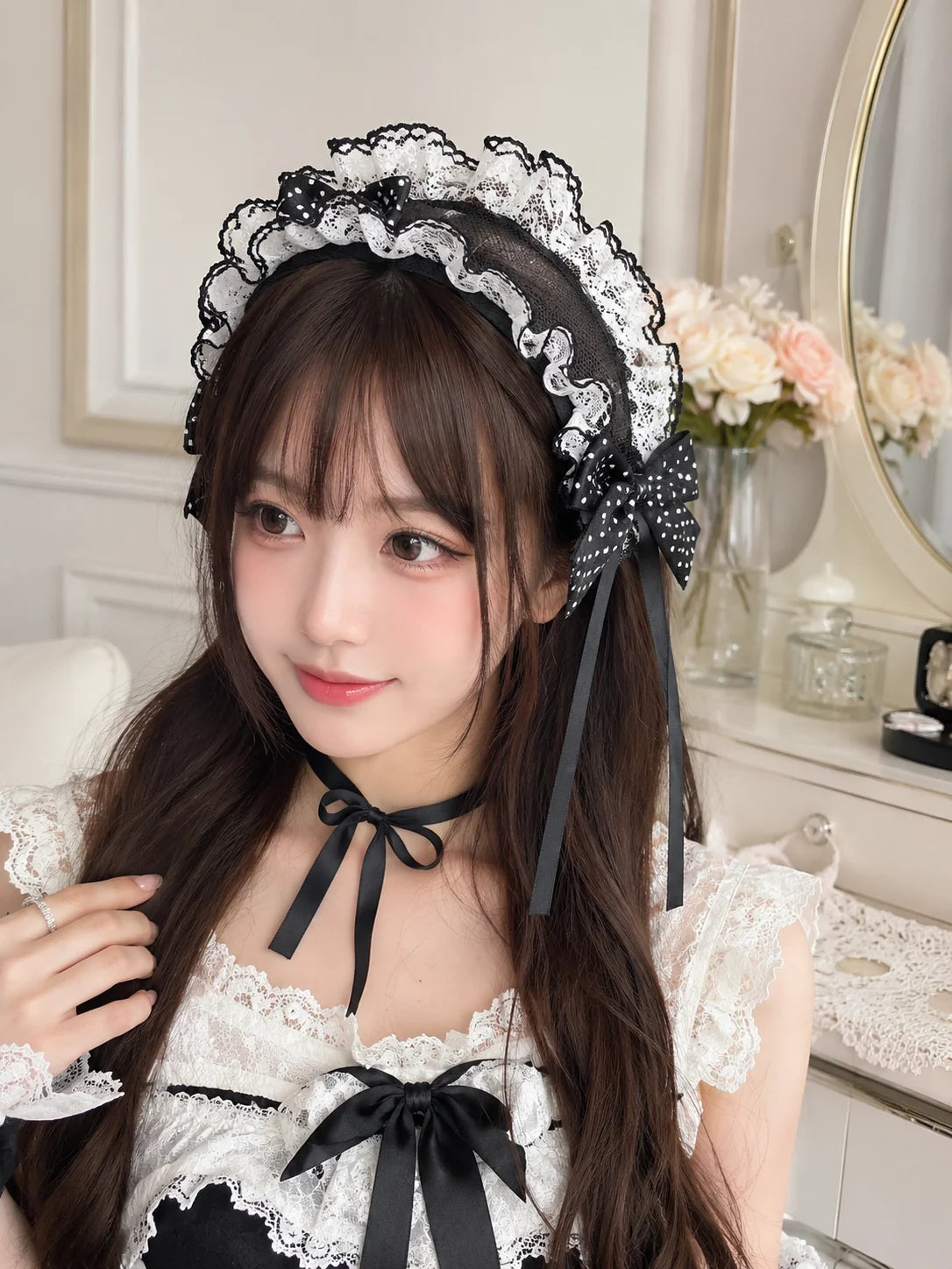 Lolita Lace Headband – Black White Polka Dot Bow Headdress