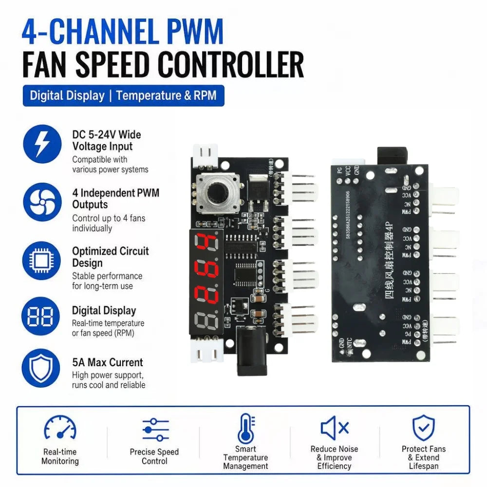 4-Channel PWM Fan Speed Controller DC 5–24V 5A with Display