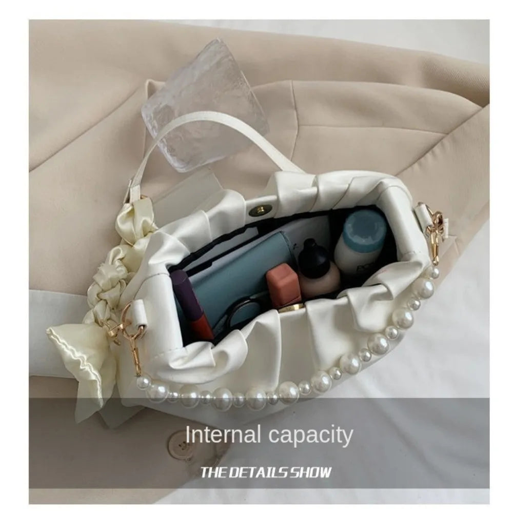 Pleated PU Leather Shoulder Bag with Pearl Detail | Women's Purse