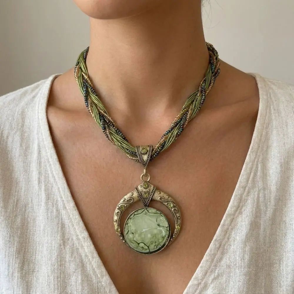 Bohemian Resin Stone Pendant Necklace | Multilayer Vintage Alloy