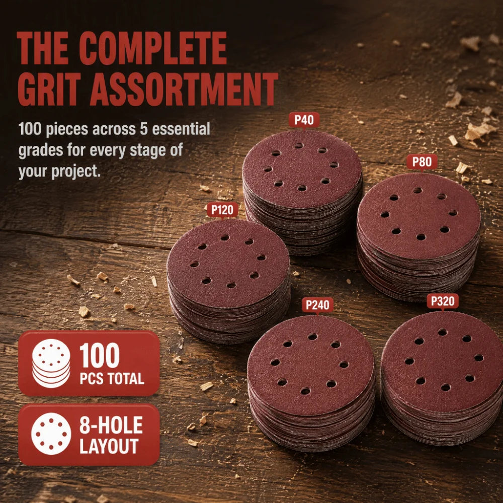 100-Pack 5" Alumina Sanding Discs | 60–240 Grit, 8-Hole