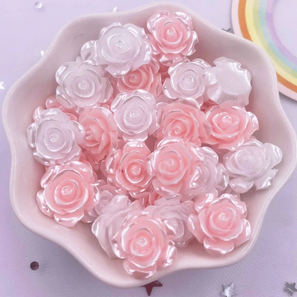 40Pcs 15mm Resin Glitter Pearl Rose Flatback Flower Embellishments