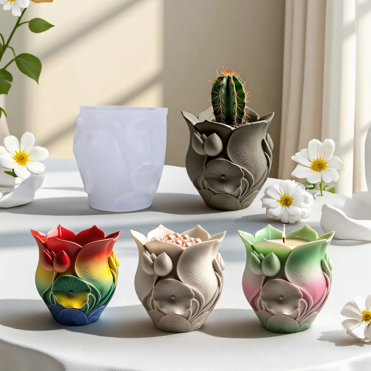 Lotus Rose Flower Pot Silicone Mold – Resin, Gypsum & Candle