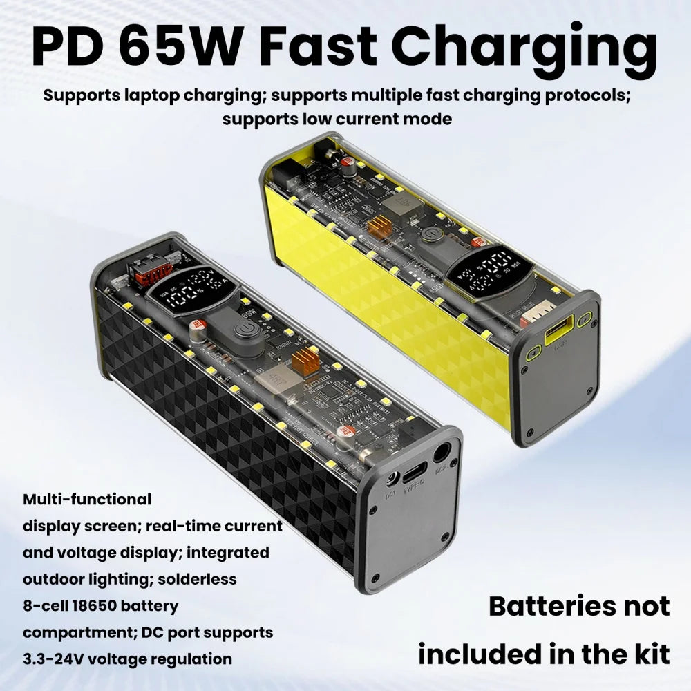 PD 65W Transparent Power Bank Case – 8×18650 DIY Battery Box