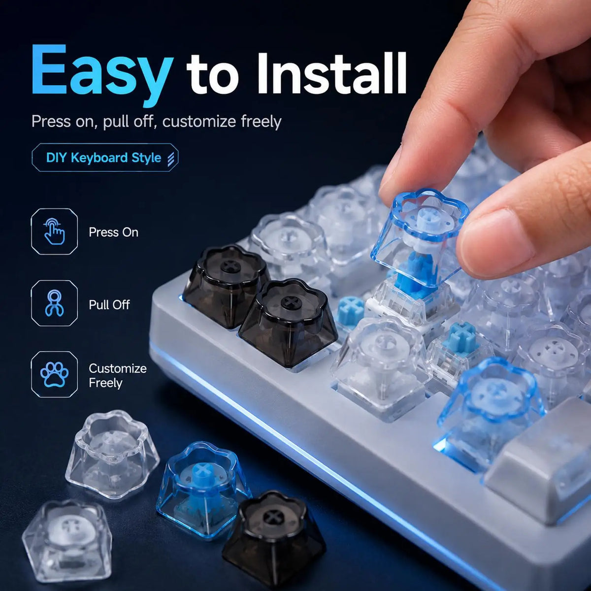 Cat Paw Transparent Keycaps – 5-Pack DIY Mechanical Keyboard