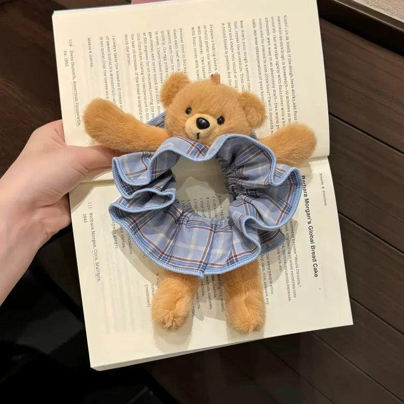 Plush Teddy Bear Plaid Scrunchie – Korean Style Hair Tie