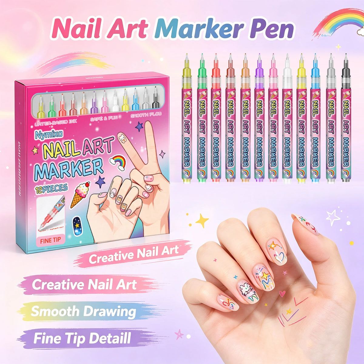 Nymixa 12-Color Nail Art Marker Pen Set – Fine Tip Quick Dry