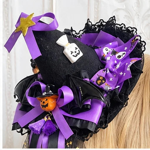 Halloween Witch Hat Hair Bow Clip | Pumpkin & Bat Charm