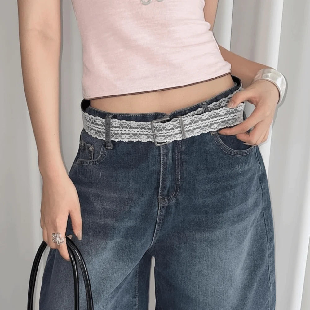 Women's White Lace Waist Belt – Floral PU Leather Strap