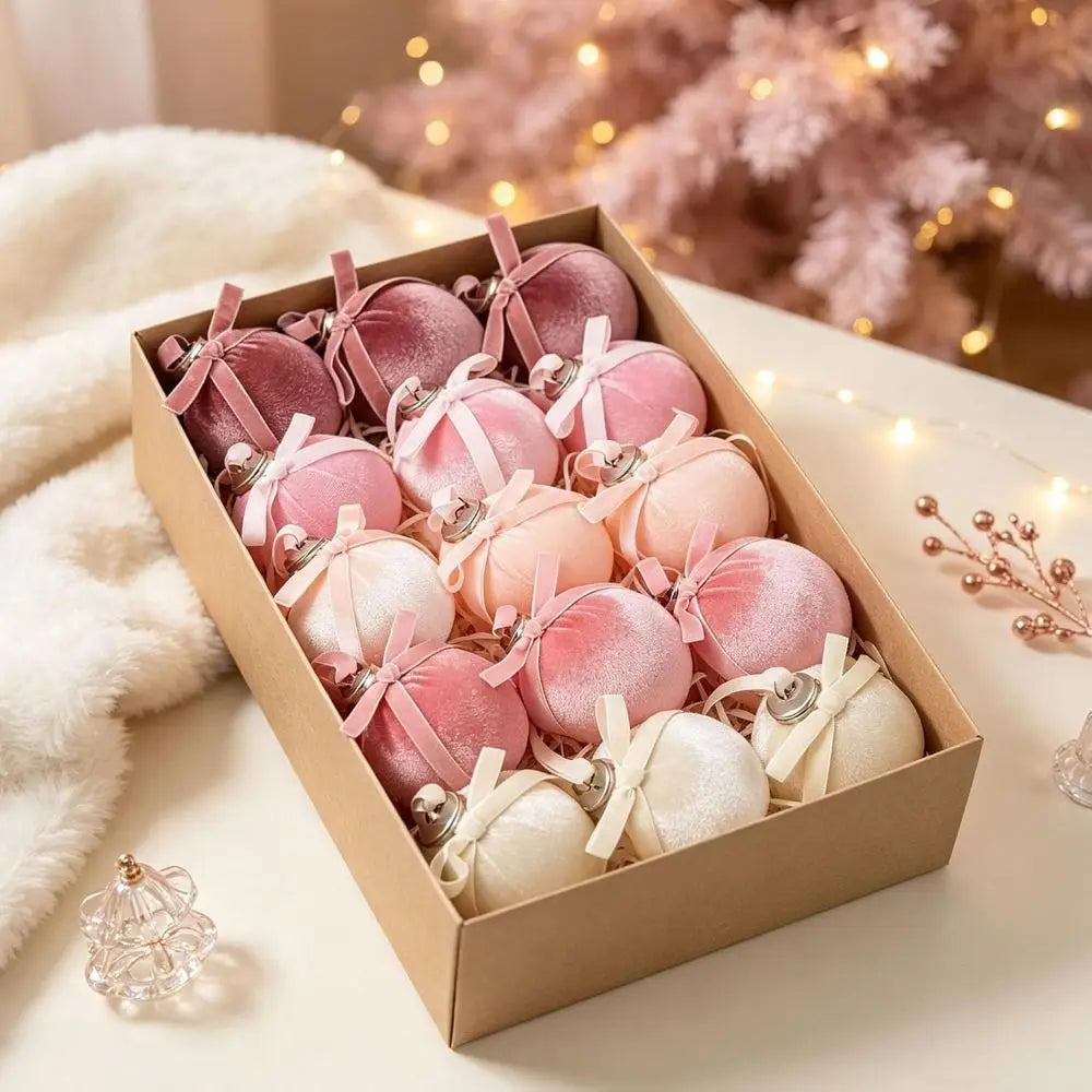 15-Pack Velvet Christmas Ball Ornaments with Ribbon Bow