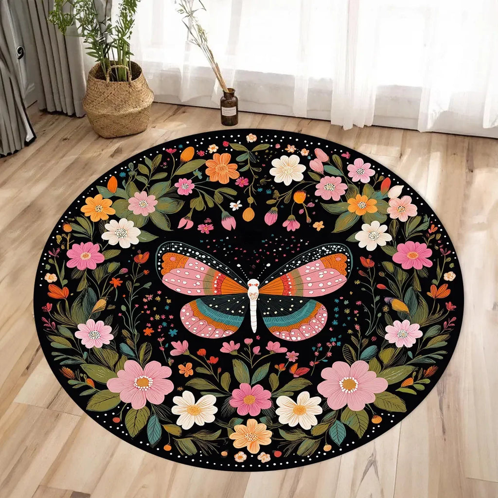 Butterfly Floral Round Area Rug – Anti-Slip Flannel Floor Mat