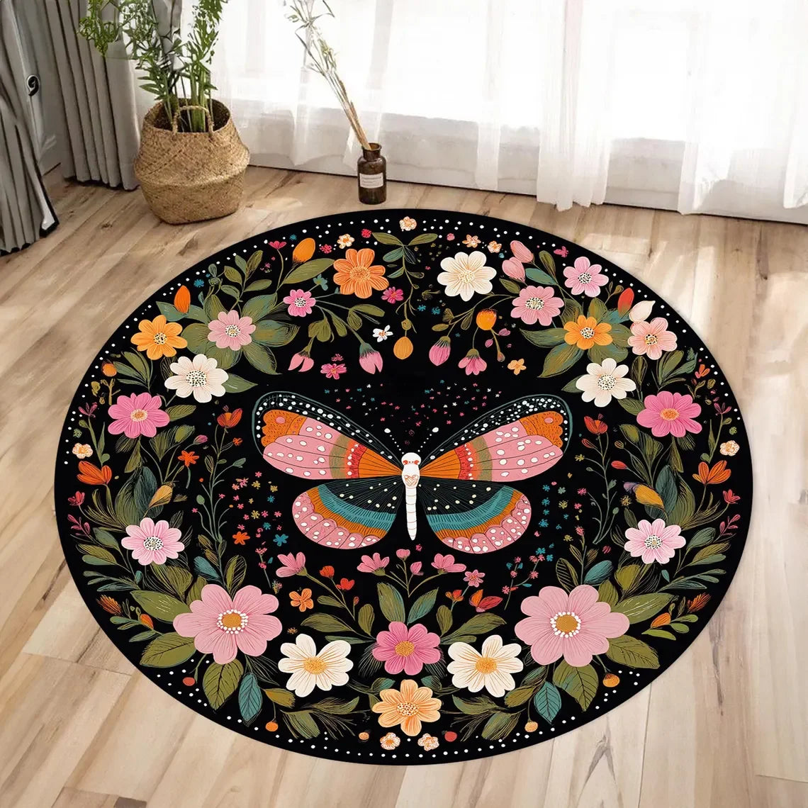 Butterfly Floral Round Area Rug – Anti-Slip Flannel Floor Mat
