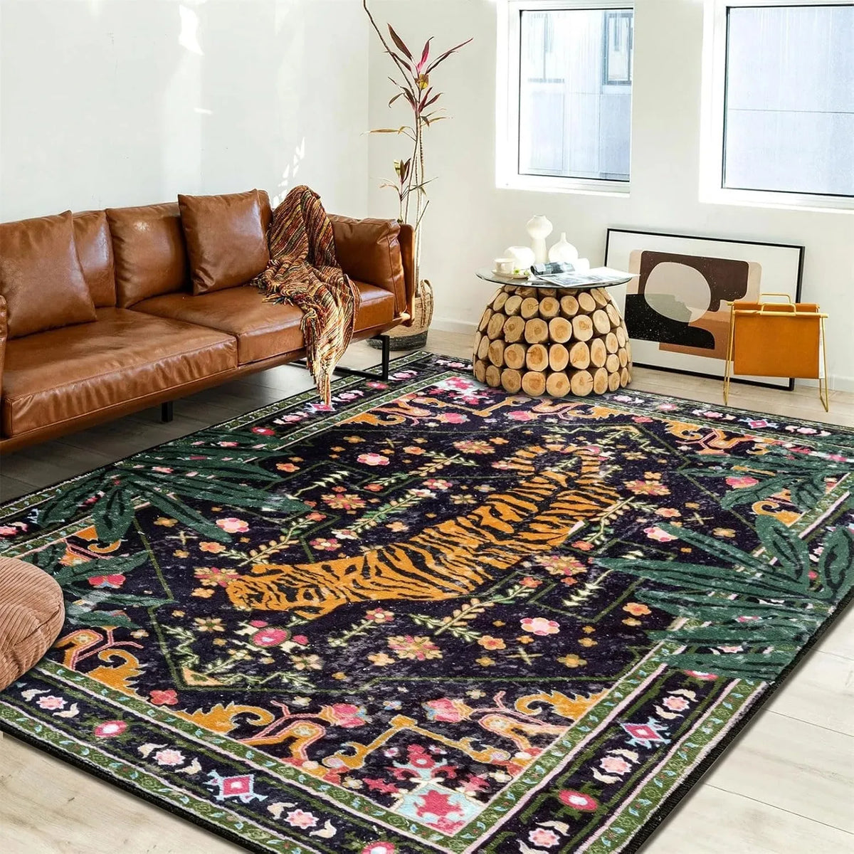 Vintage Tiger Floral Boho Area Rug – Non-Slip Washable Carpet
