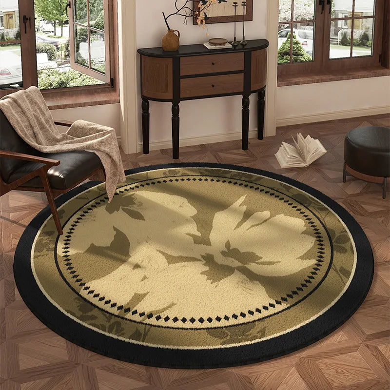 Round Olive Green Floral Area Rug – Vintage Botanical Carpet