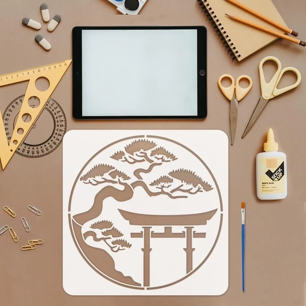 4-Piece Oriental Samurai Painting Stencil Set with Brush 11.8"