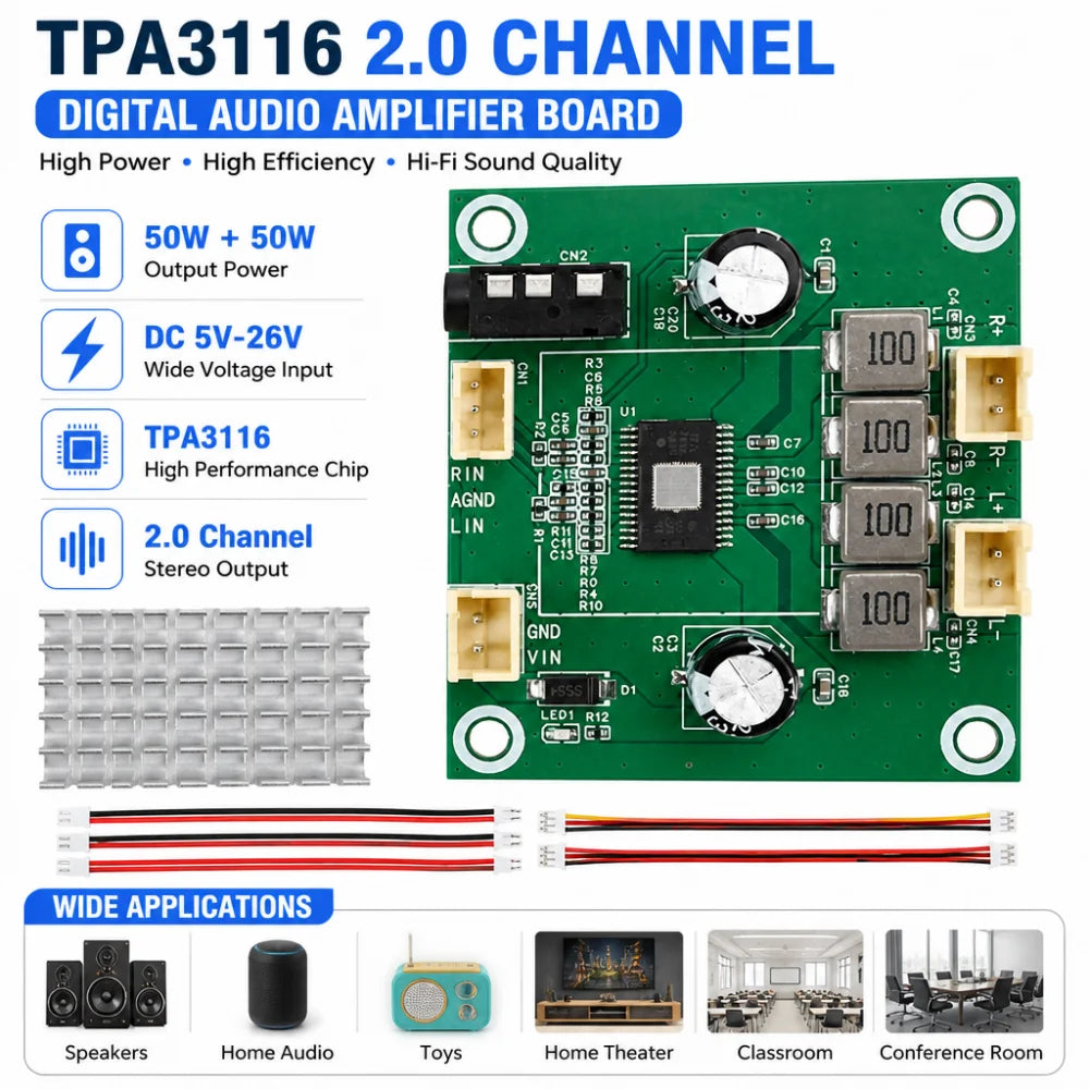 TPA3116 50W+50W Class D Stereo Amplifier Board DC 5V-26V