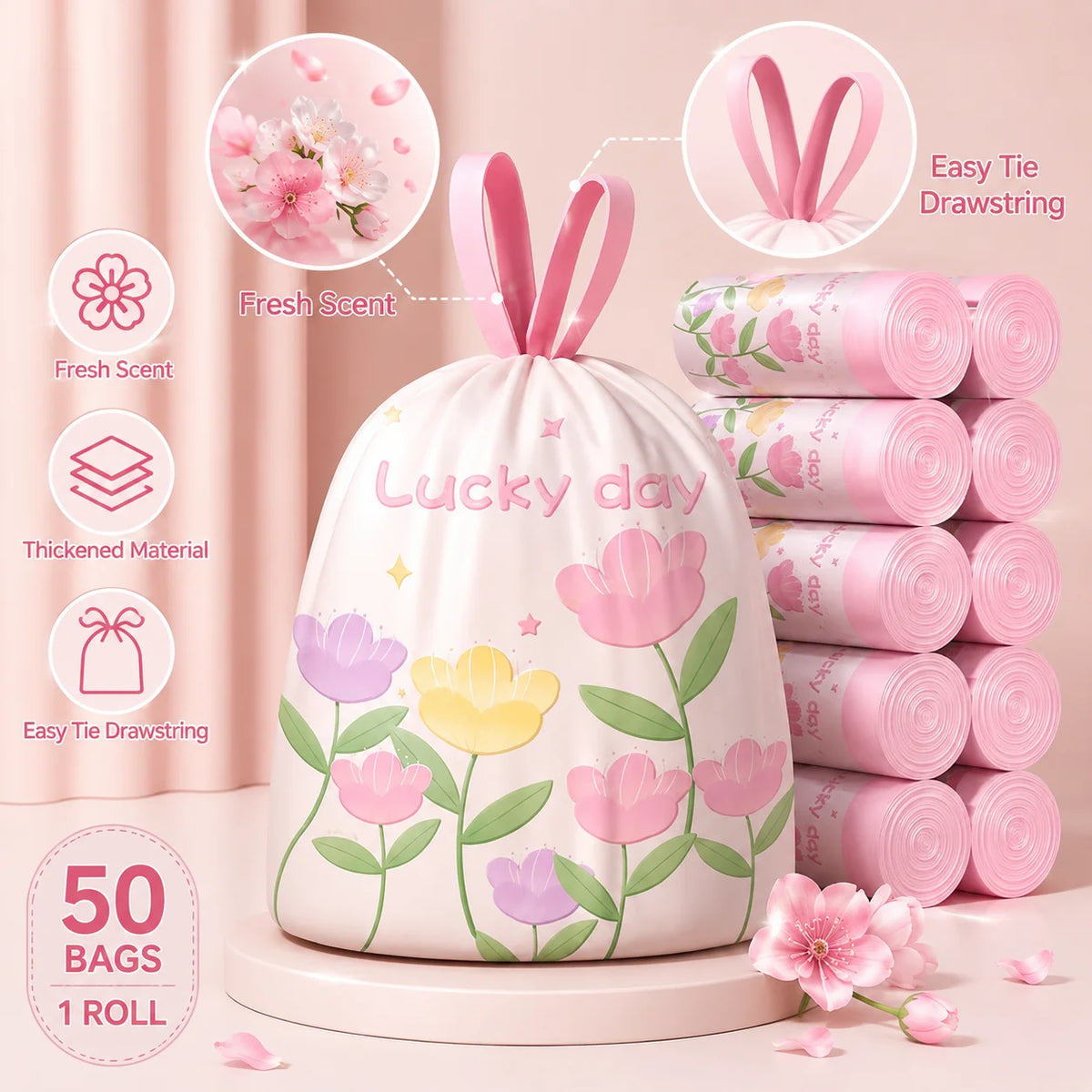 50-Count Scented Drawstring Trash Bags – 20L Cute Bin Liners