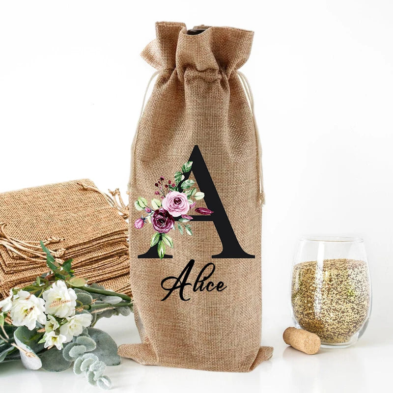 Personalized Burlap Wine Bottle Bag | Custom Drawstring Gift Bag