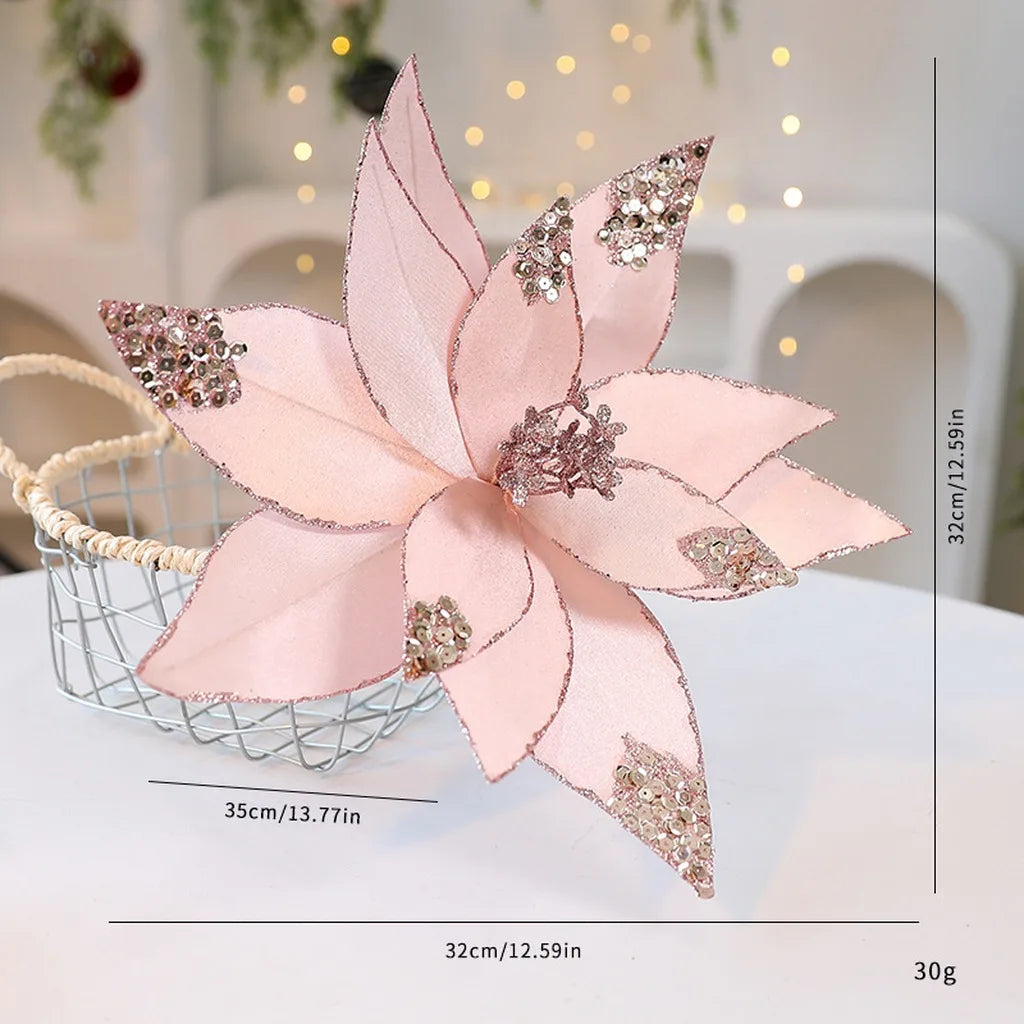 Fabric Sequin Artificial Christmas Rose Flower | Holiday Décor