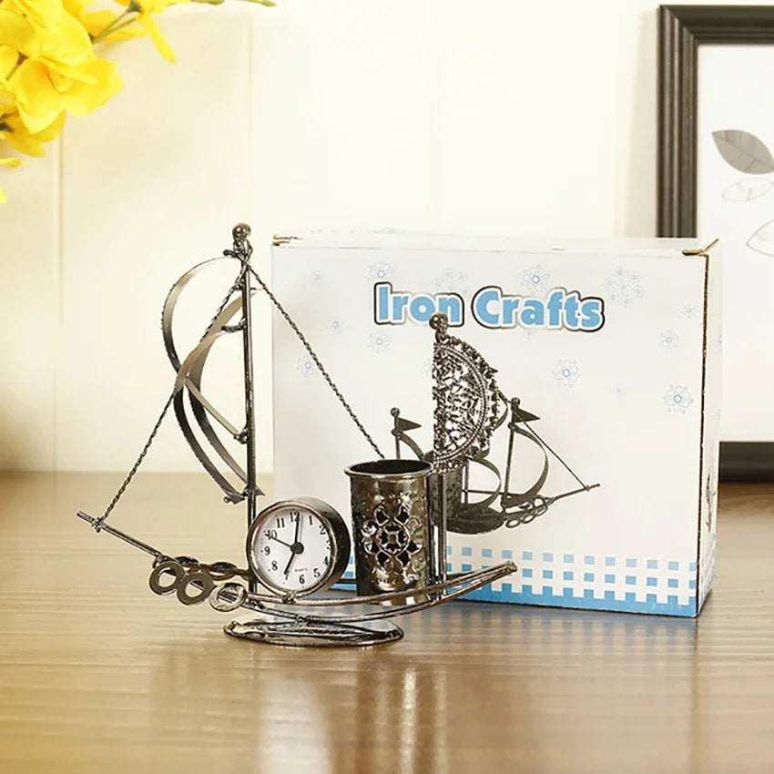 Sailboat Metal Pen Holder with Clock – Creative Desk Organizer