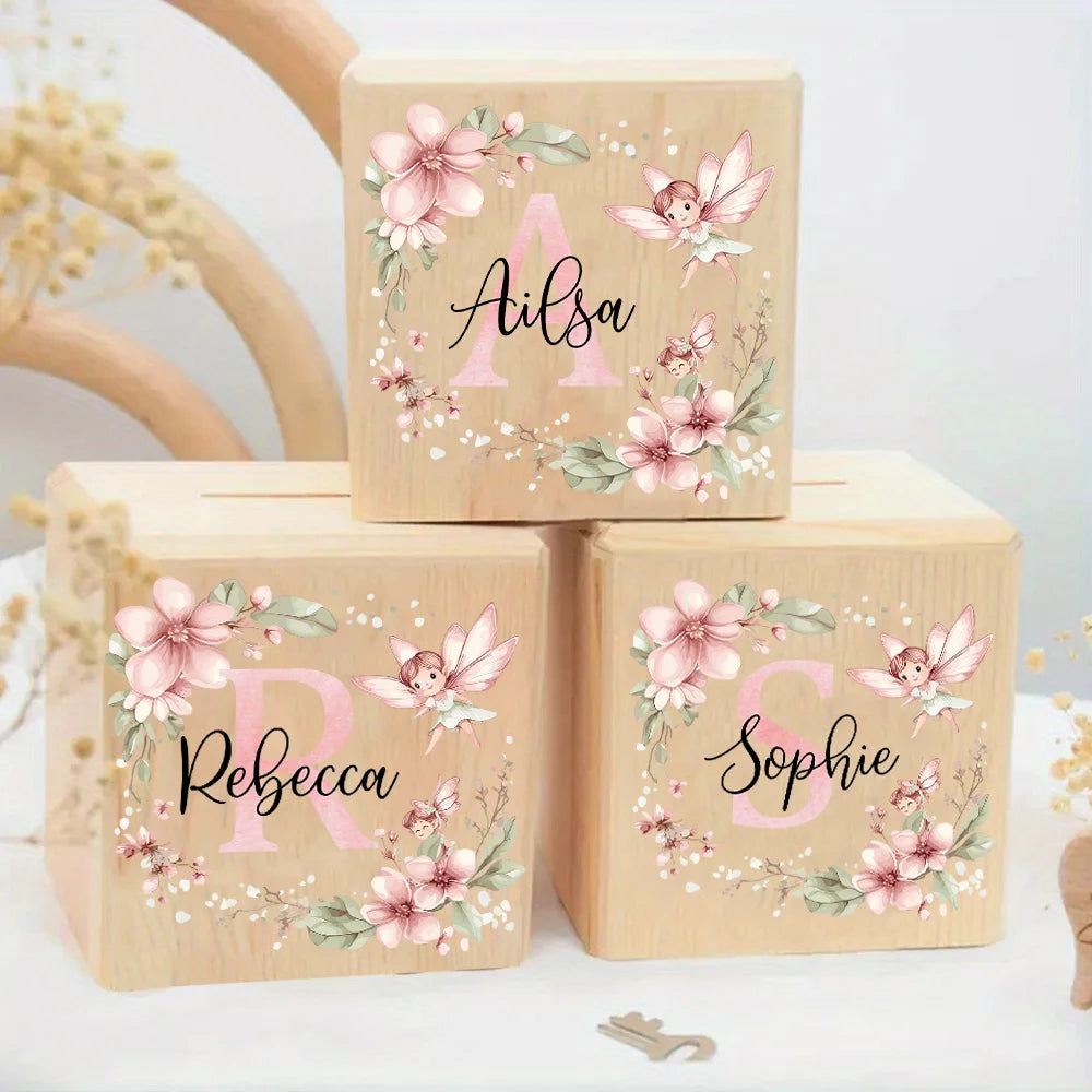 Personalized Wooden Money Box for Kids – Flower Letter Name