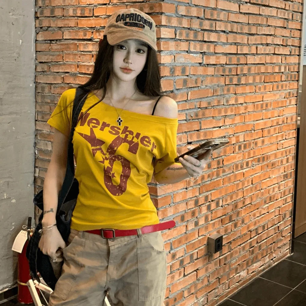 Y2K Off Shoulder Crop Top – Short Sleeve Letter Print Tee