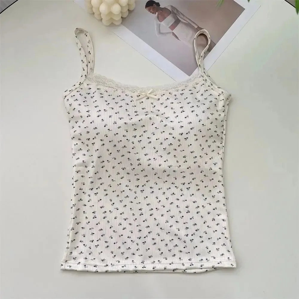 Elegant Lace Floral Cami Top | Y2K Slim Fit Tank – One Size