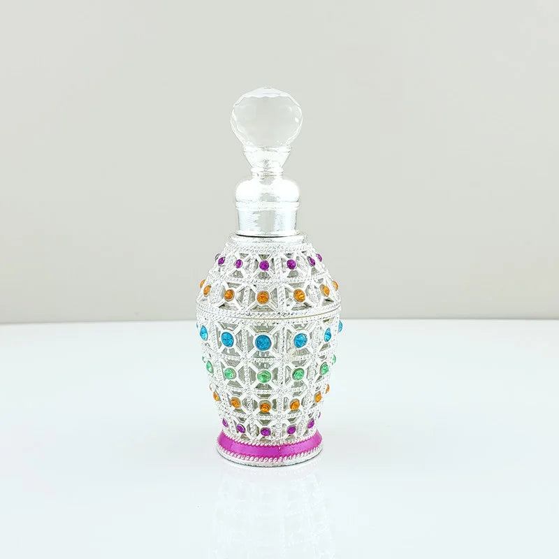Vintage Arabic Attar Oil Bottle | Hollow Gem Metal Crystal Top