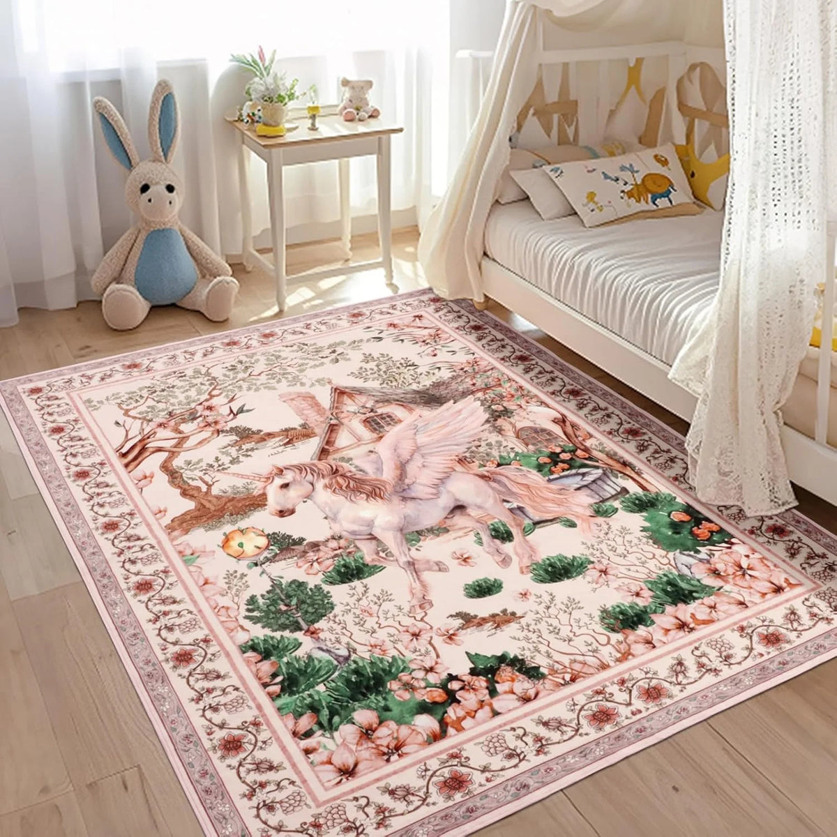 Pink Boho Unicorn Flower Rug – Kids Room & Nursery Carpet