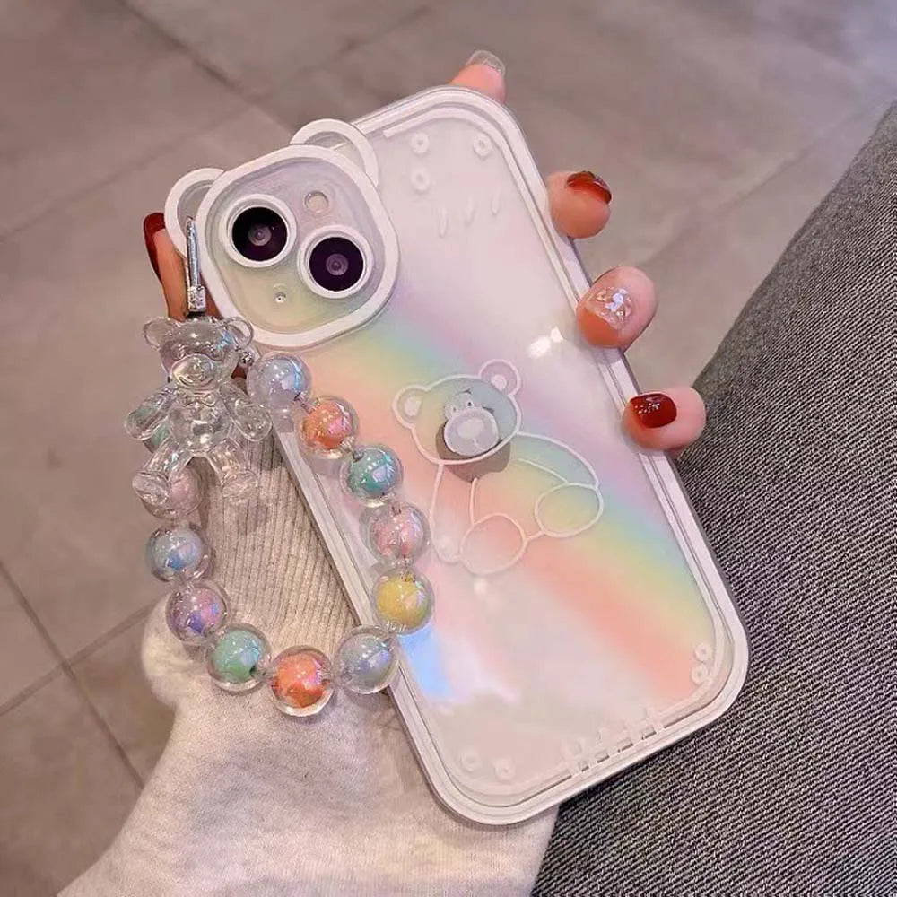 Crystal Macaron Beads Bear Phone Wrist Strap Lanyard