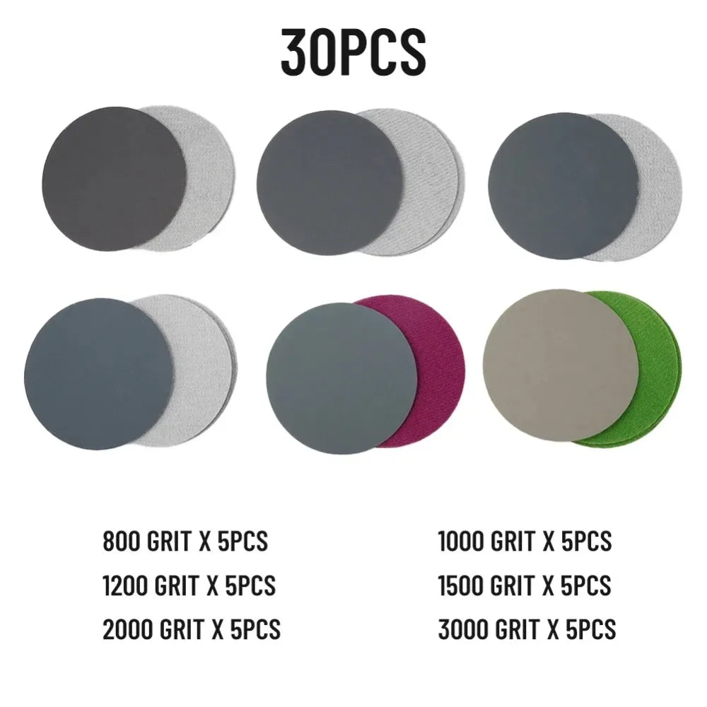 Waterproof Sanding Discs 30-Pack – 3" 800–3000 Grit Wet/Dry